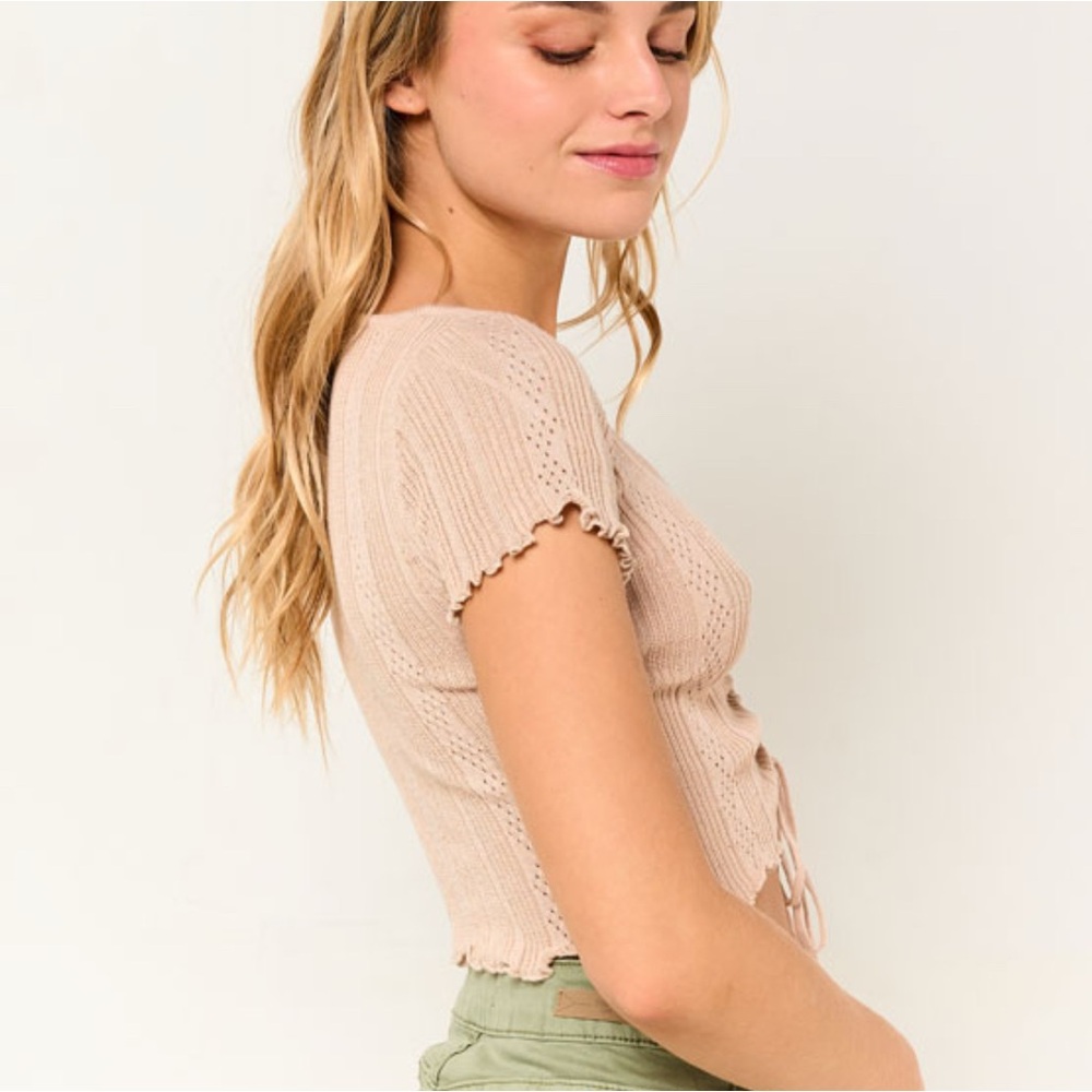 🐣Altar’d State Beige Ruched Eyelet Crop Top - Picture 2 of 9